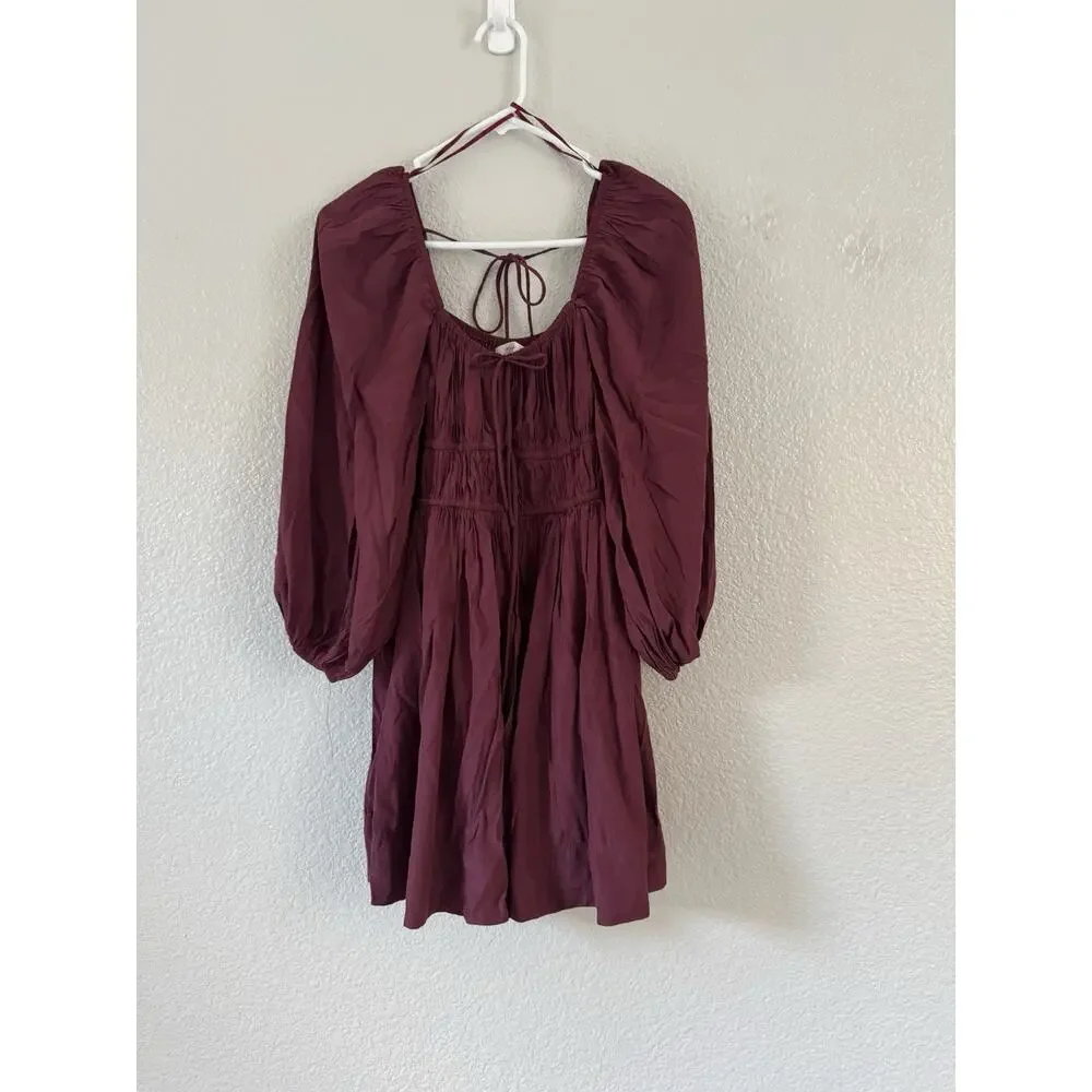 Burgundy Boho Mini Dress Mustard Seed Size Small Romantic Babydoll Drawstrings - Picture 2 of 7